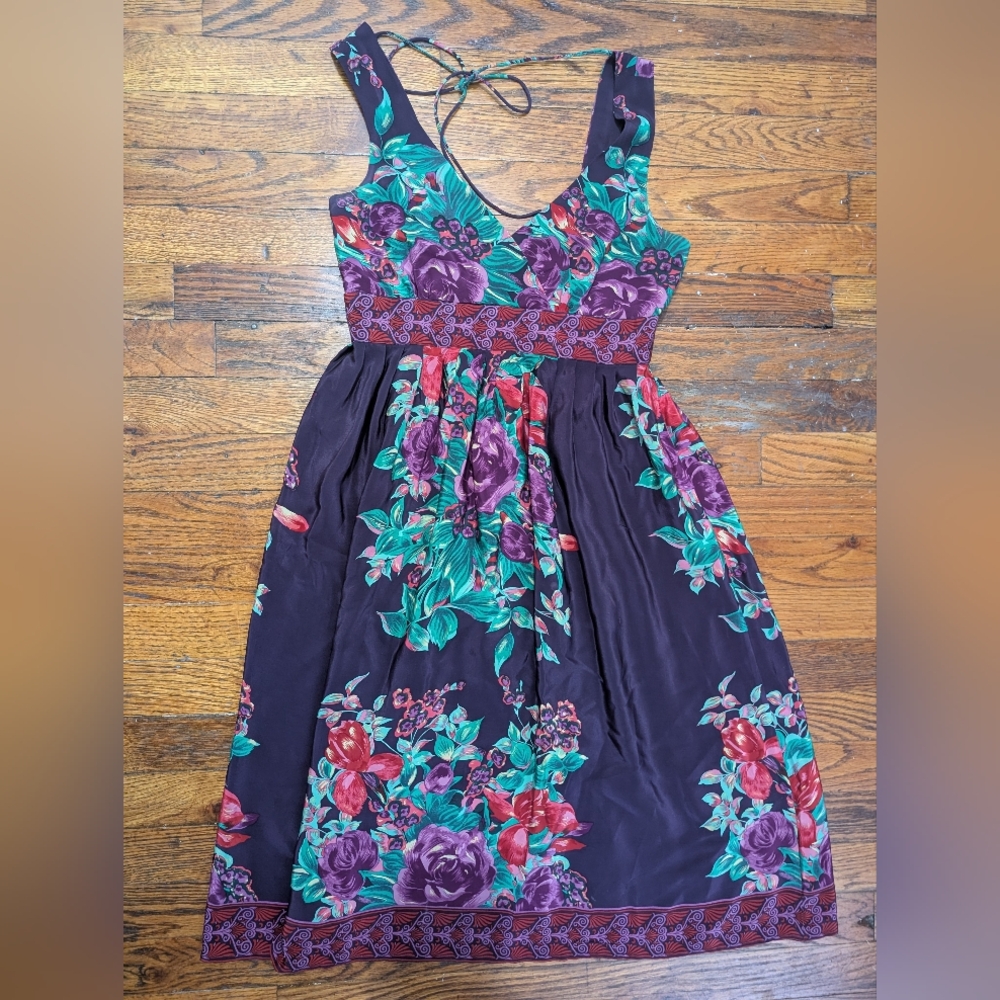 Anthropologie Plenty by Tracy Reese Silk Purple and Red Floral Midi Dress 2